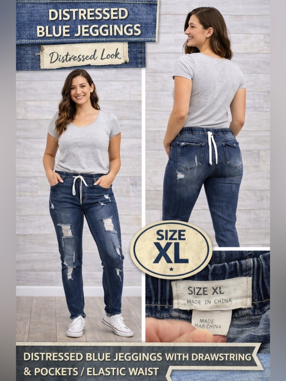Distressed Blue Jeggings with drawstring and pockets elastic waist XL